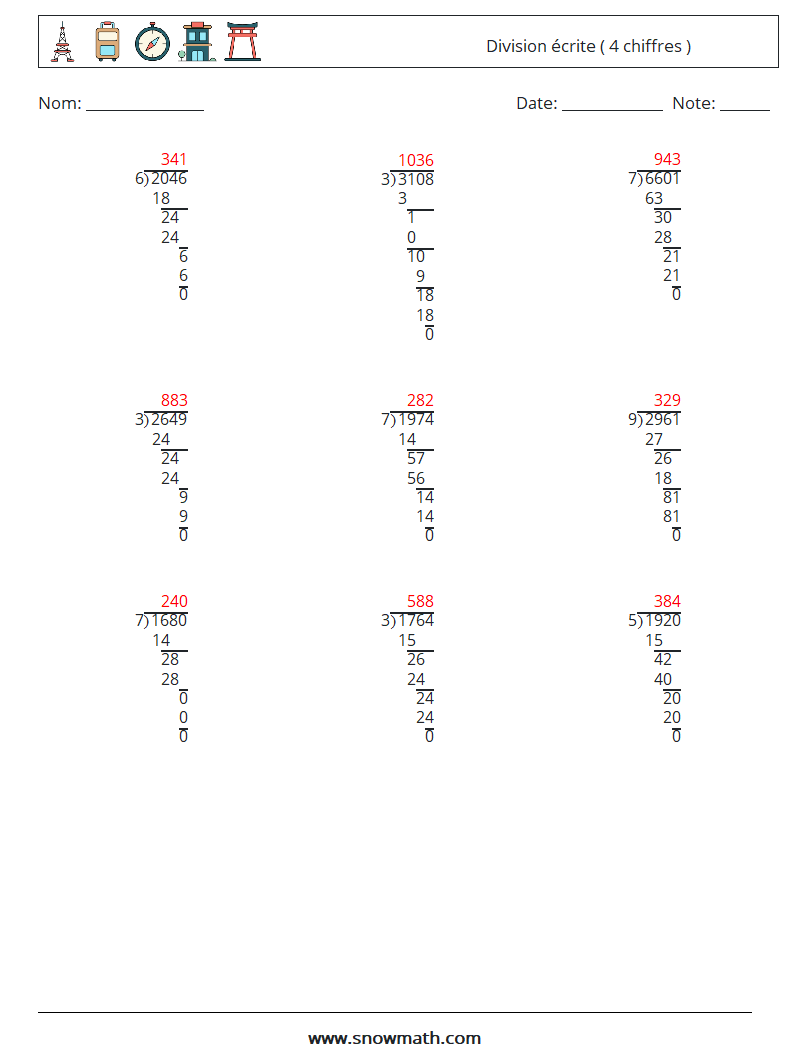 (9) Division écrite ( 4 chiffres ) Fiches d'Exercices de Mathématiques 14 Question, Réponse