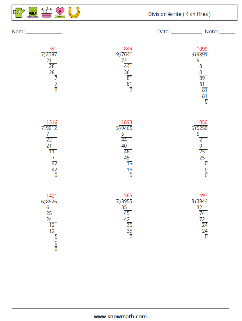 (9) Division écrite ( 4 chiffres ) Fiches d'Exercices de Mathématiques 1 Question, Réponse