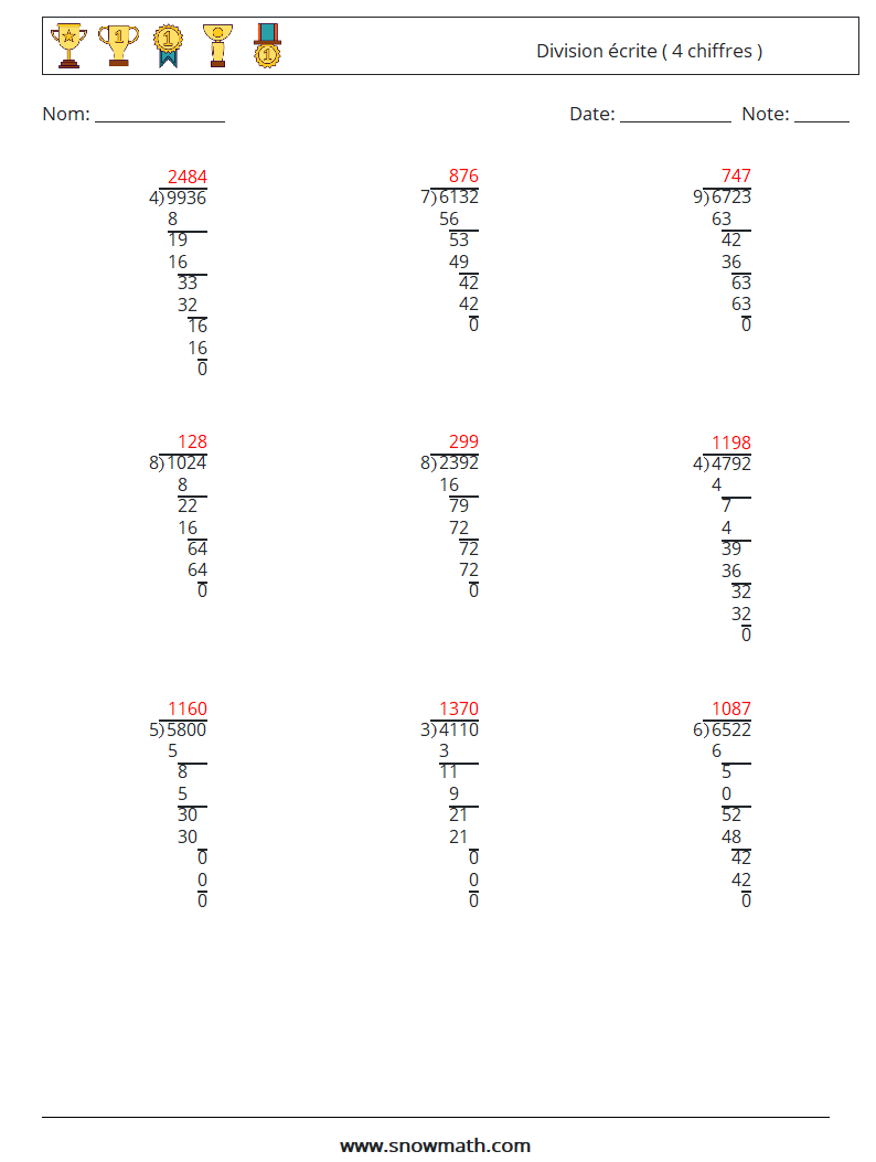 (9) Division écrite ( 4 chiffres ) Fiches d'Exercices de Mathématiques 2 Question, Réponse