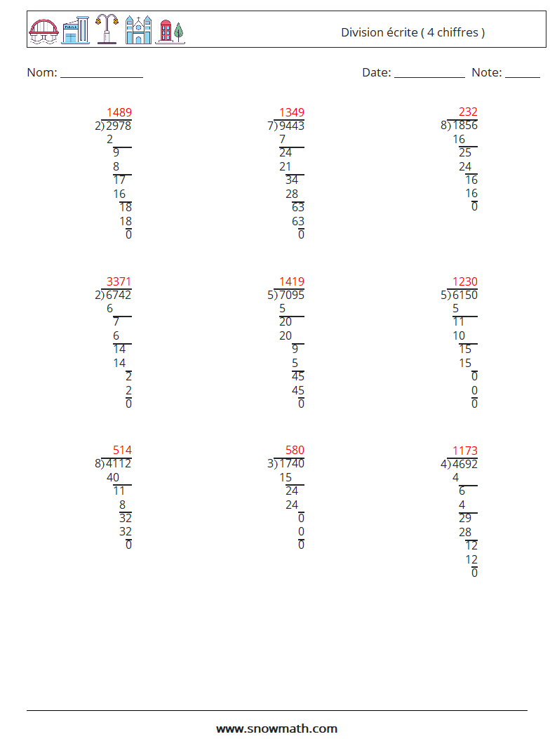 (9) Division écrite ( 4 chiffres ) Fiches d'Exercices de Mathématiques 3 Question, Réponse