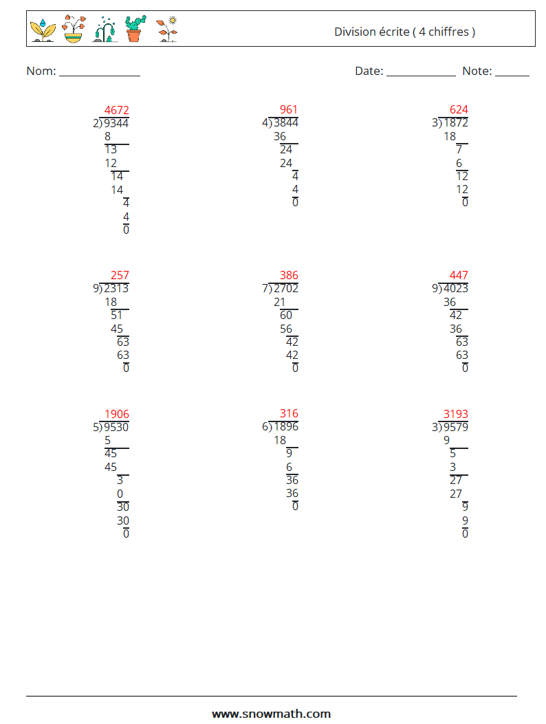 (9) Division écrite ( 4 chiffres ) Fiches d'Exercices de Mathématiques 4 Question, Réponse