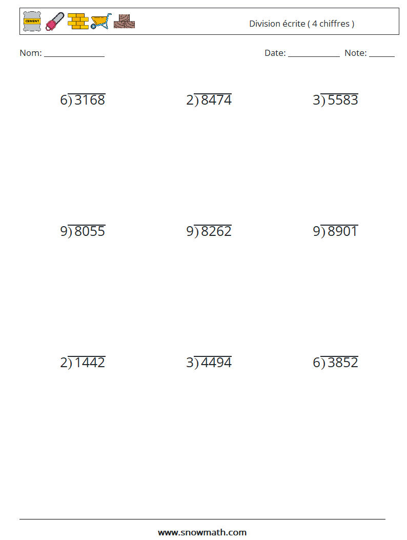 (9) Division écrite ( 4 chiffres ) Fiches d'Exercices de Mathématiques 5