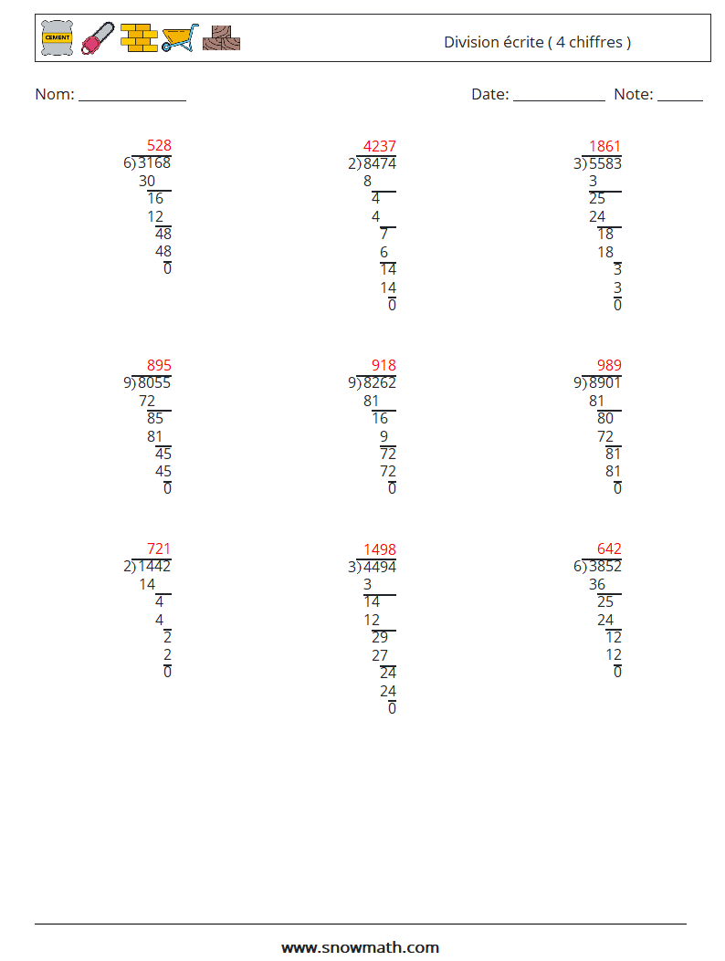 (9) Division écrite ( 4 chiffres ) Fiches d'Exercices de Mathématiques 5 Question, Réponse