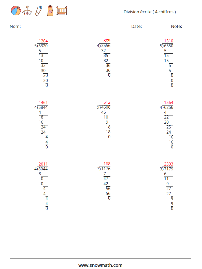 (9) Division écrite ( 4 chiffres ) Fiches d'Exercices de Mathématiques 6 Question, Réponse