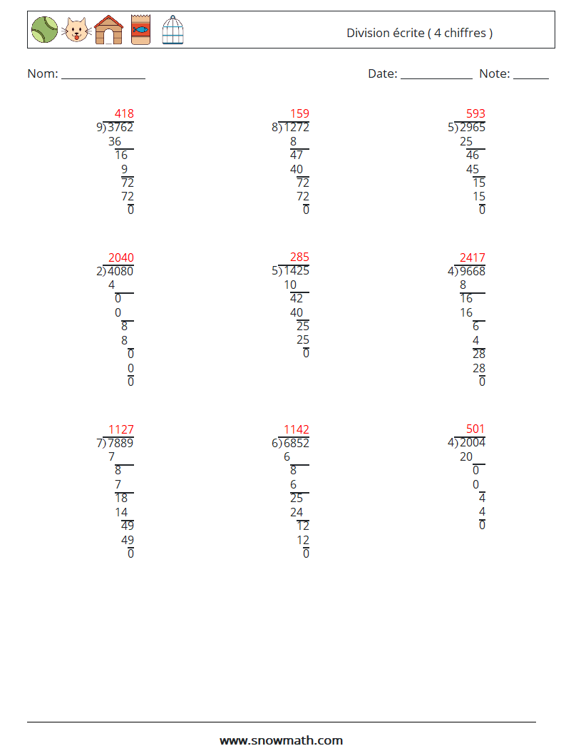 (9) Division écrite ( 4 chiffres ) Fiches d'Exercices de Mathématiques 7 Question, Réponse