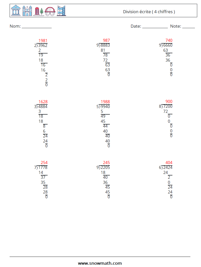 (9) Division écrite ( 4 chiffres ) Fiches d'Exercices de Mathématiques 9 Question, Réponse