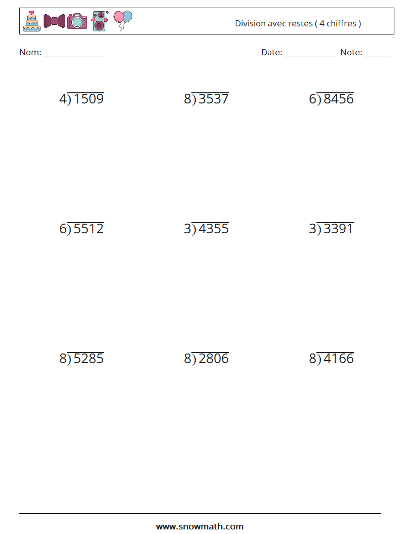 (9) Division avec restes ( 4 chiffres ) Fiches d'Exercices de Mathématiques 1