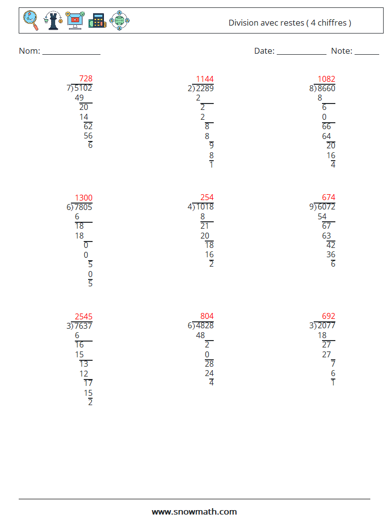 (9) Division avec restes ( 4 chiffres ) Fiches d'Exercices de Mathématiques 14 Question, Réponse