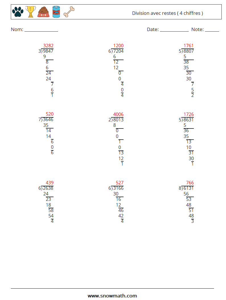 (9) Division avec restes ( 4 chiffres ) Fiches d'Exercices de Mathématiques 4 Question, Réponse