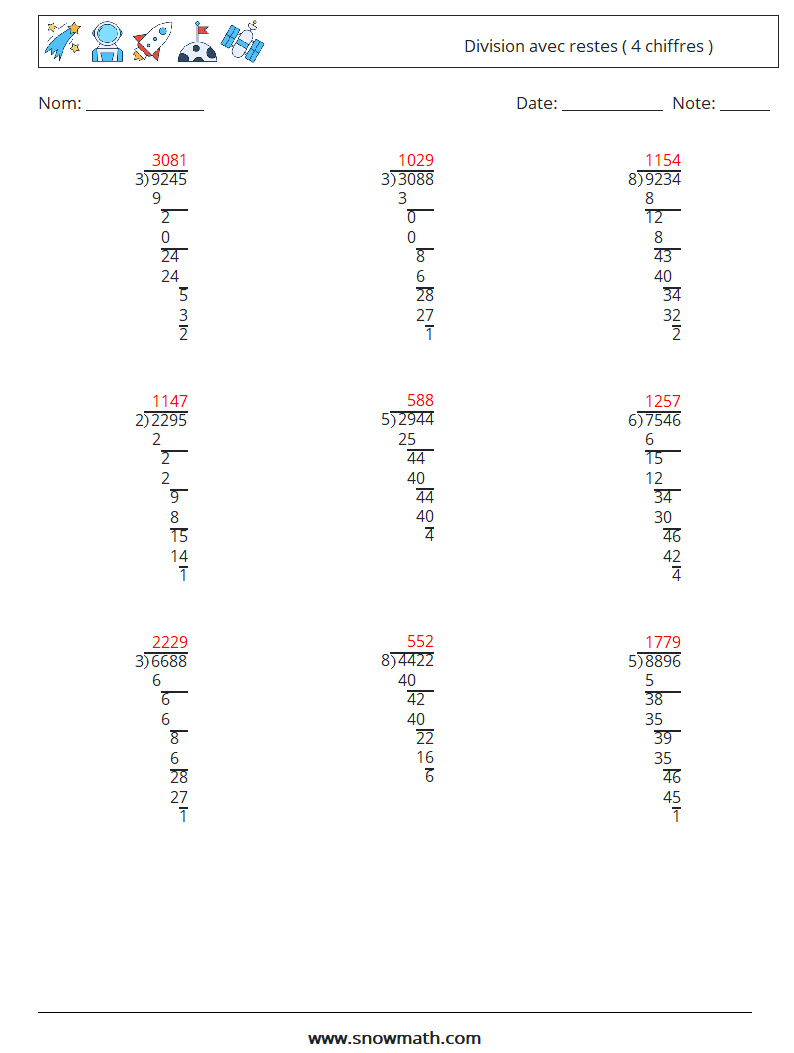 (9) Division avec restes ( 4 chiffres ) Fiches d'Exercices de Mathématiques 7 Question, Réponse