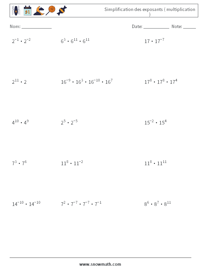 Simplification des exposants ( multiplication ) Fiches d'Exercices de Mathématiques 1