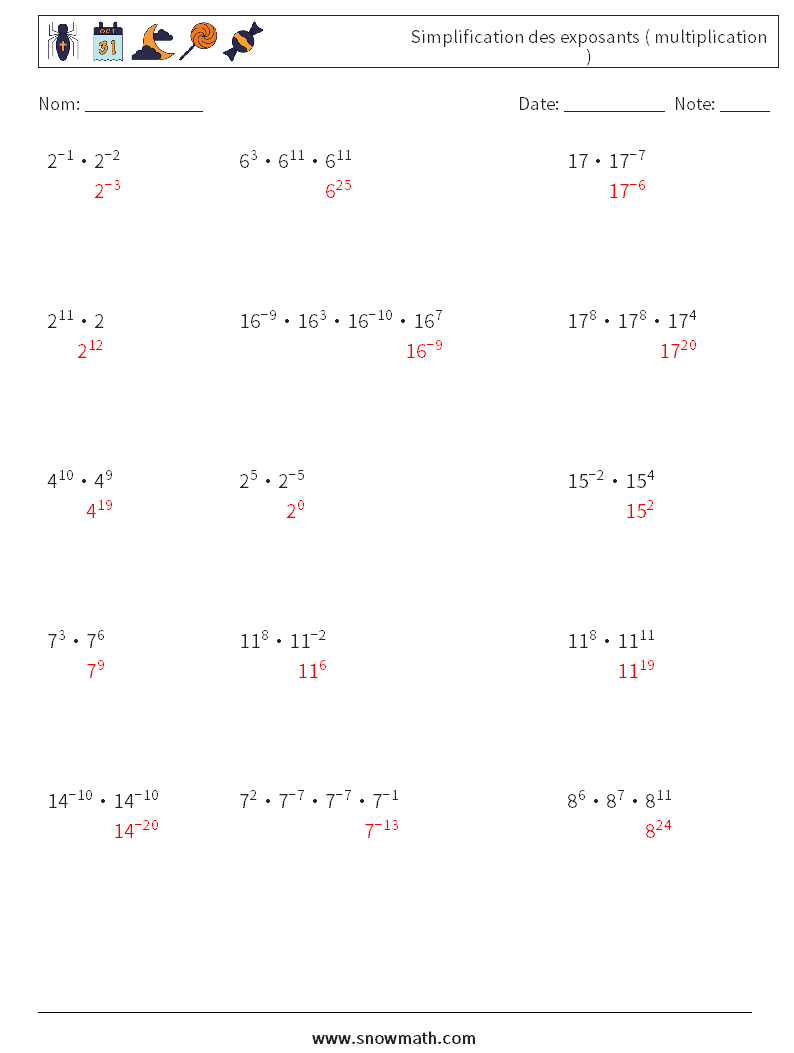 Simplification des exposants ( multiplication ) Fiches d'Exercices de Mathématiques 1 Question, Réponse