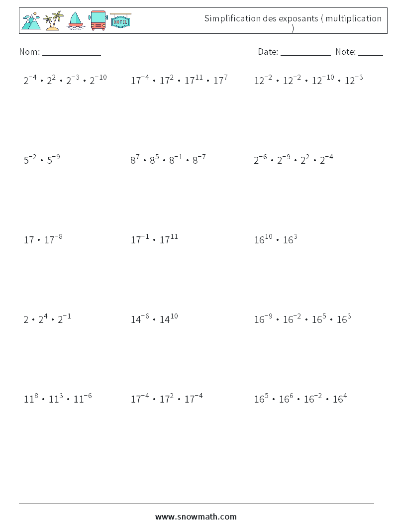 Simplification des exposants ( multiplication ) Fiches d'Exercices de Mathématiques 2