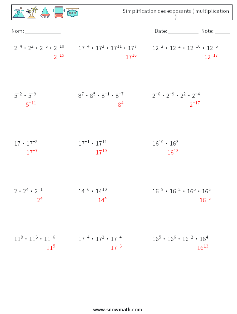 Simplification des exposants ( multiplication ) Fiches d'Exercices de Mathématiques 2 Question, Réponse