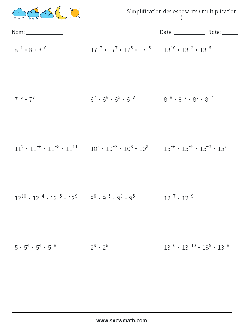 Simplification des exposants ( multiplication ) Fiches d'Exercices de Mathématiques 3