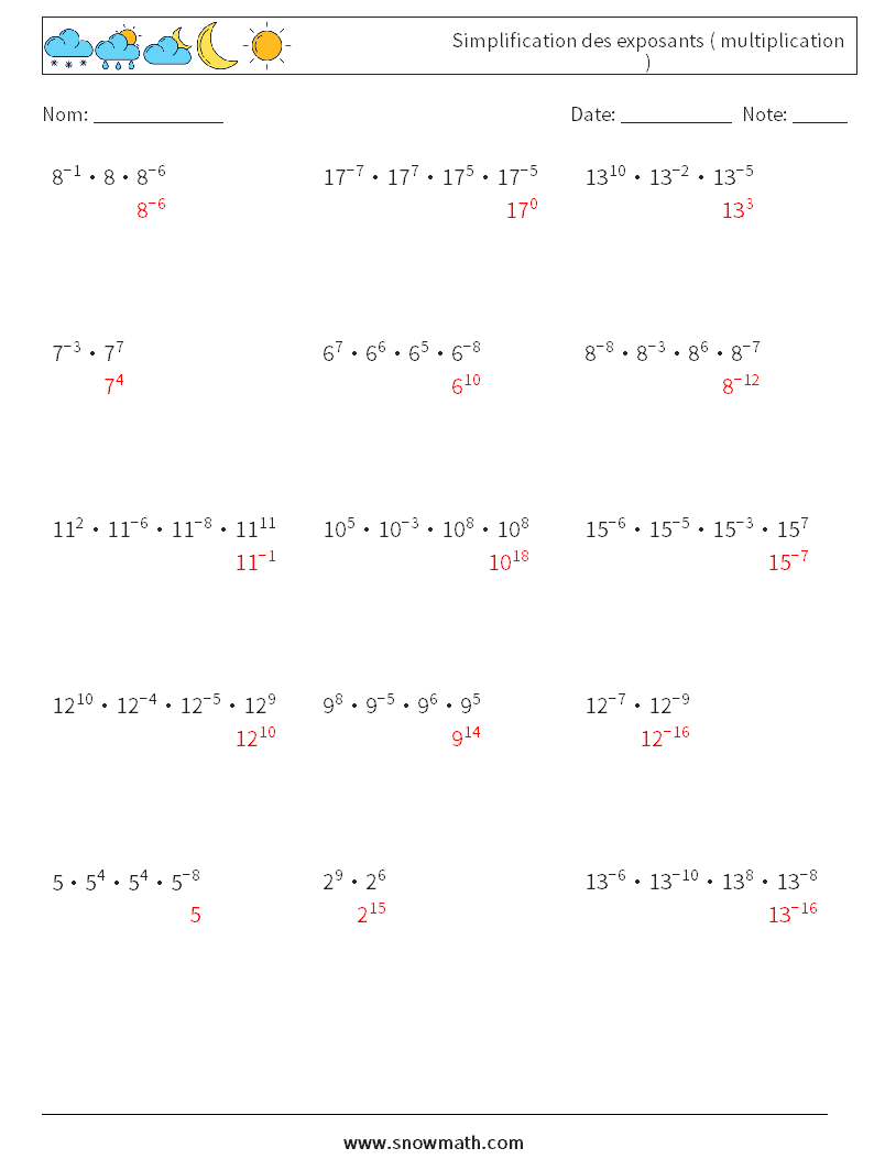 Simplification des exposants ( multiplication ) Fiches d'Exercices de Mathématiques 3 Question, Réponse
