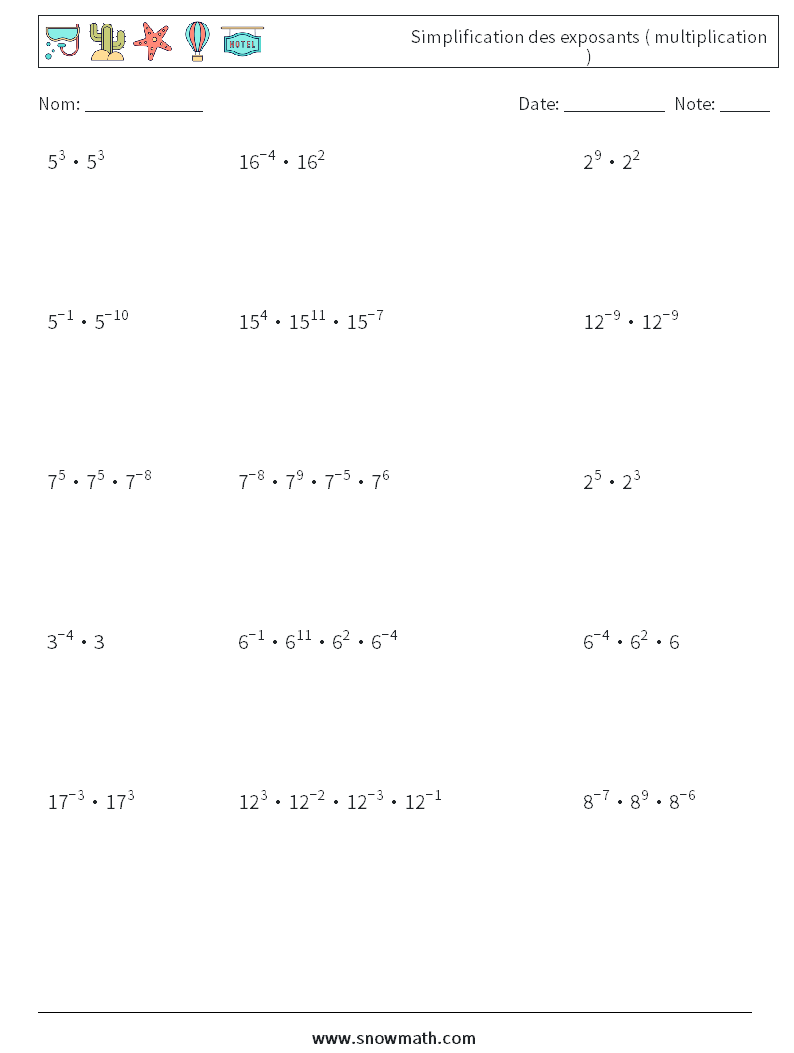 Simplification des exposants ( multiplication ) Fiches d'Exercices de Mathématiques 4