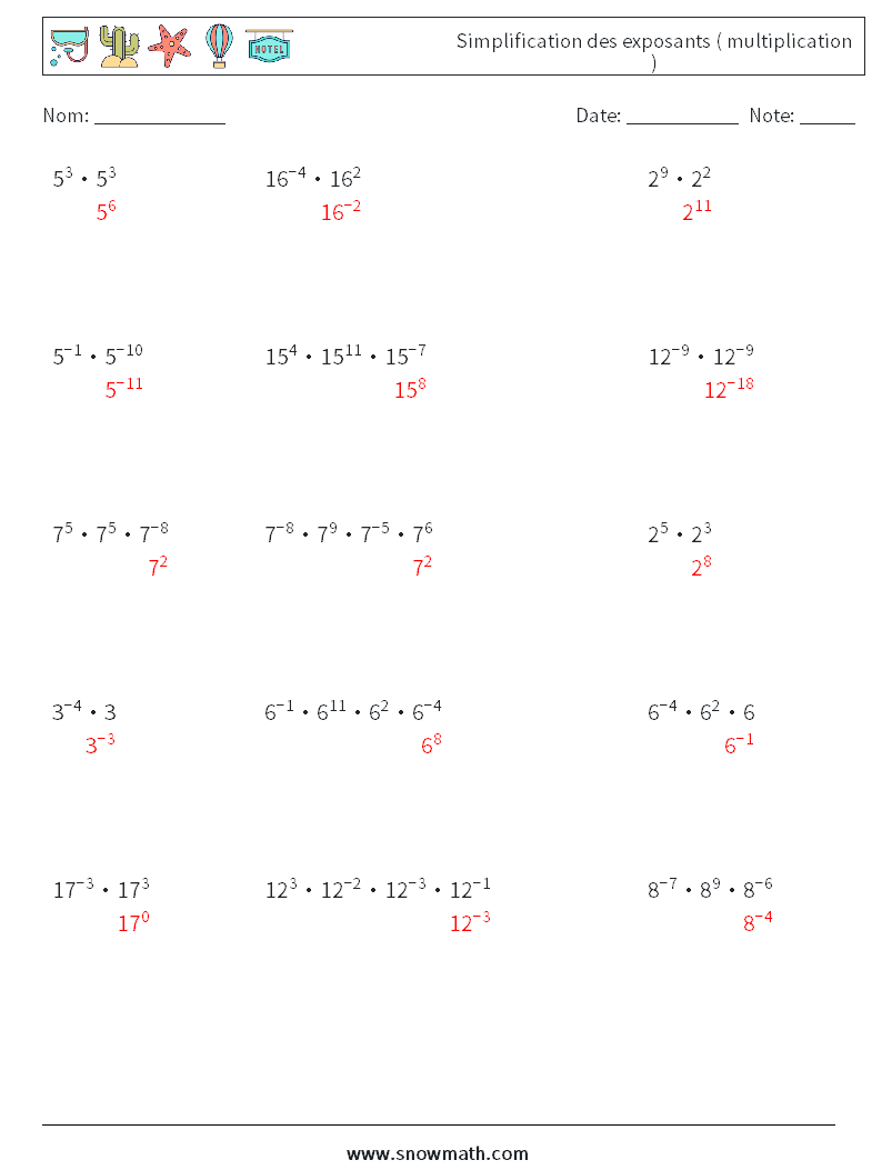 Simplification des exposants ( multiplication ) Fiches d'Exercices de Mathématiques 4 Question, Réponse