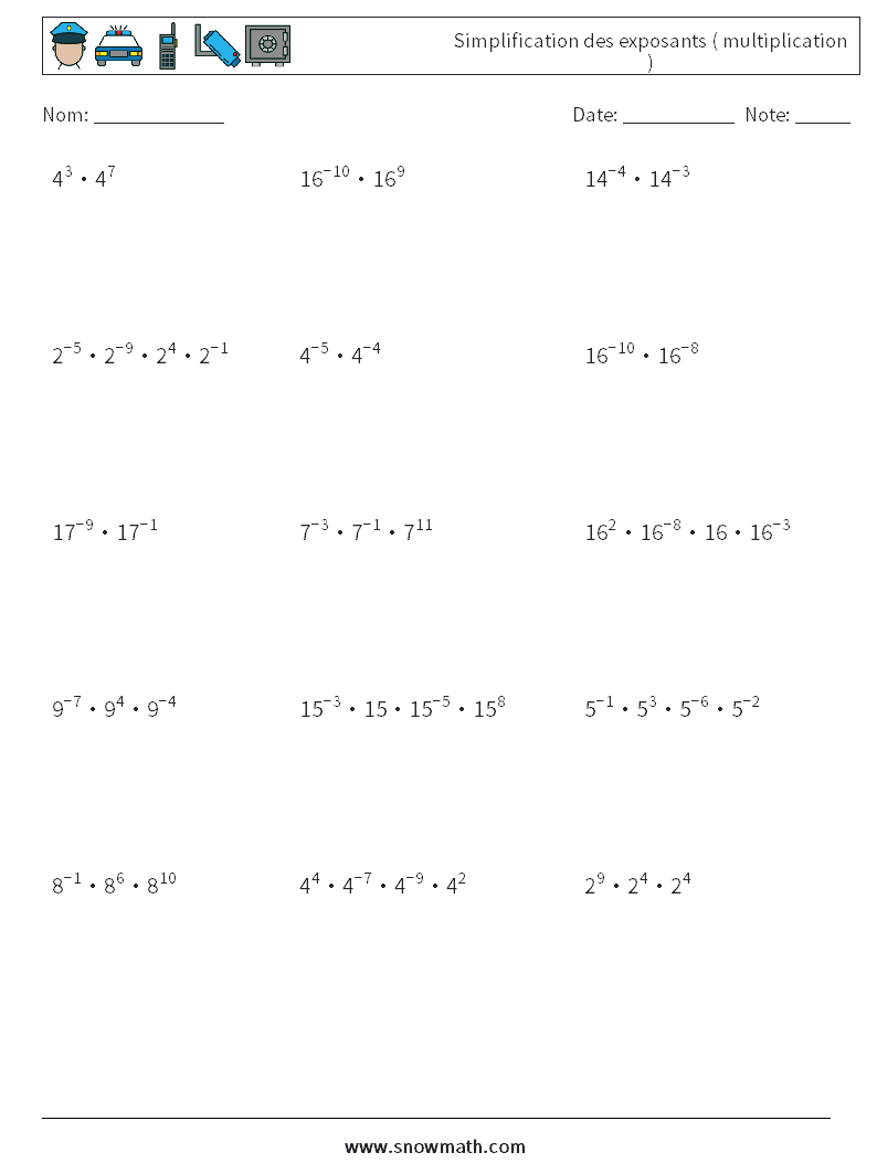 Simplification des exposants ( multiplication ) Fiches d'Exercices de Mathématiques 5