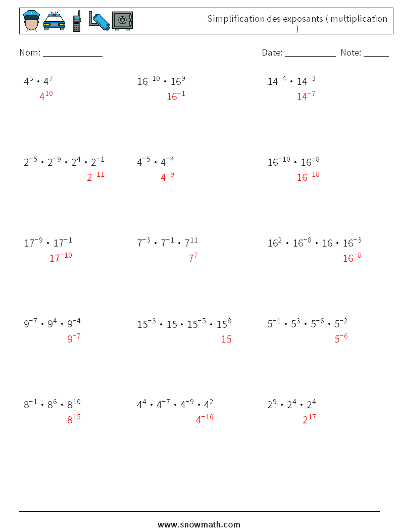 Simplification des exposants ( multiplication ) Fiches d'Exercices de Mathématiques 5 Question, Réponse