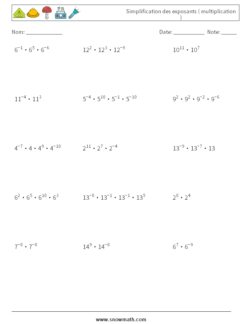 Simplification des exposants ( multiplication ) Fiches d'Exercices de Mathématiques 6