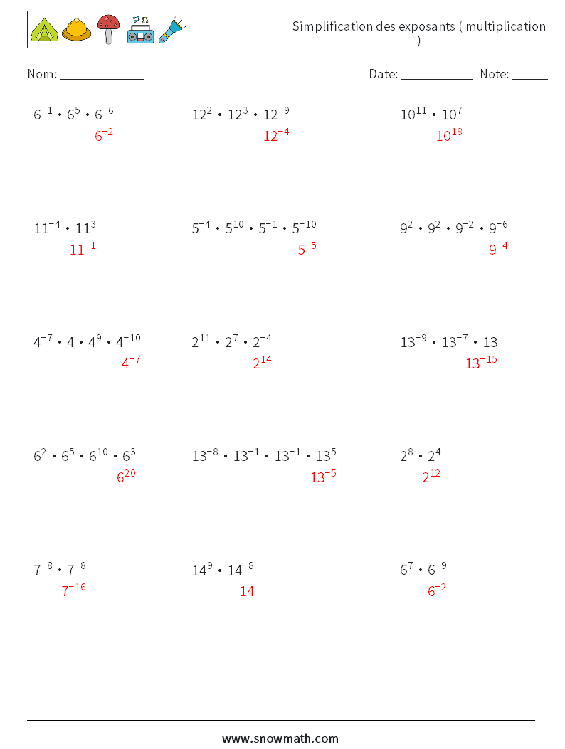 Simplification des exposants ( multiplication ) Fiches d'Exercices de Mathématiques 6 Question, Réponse