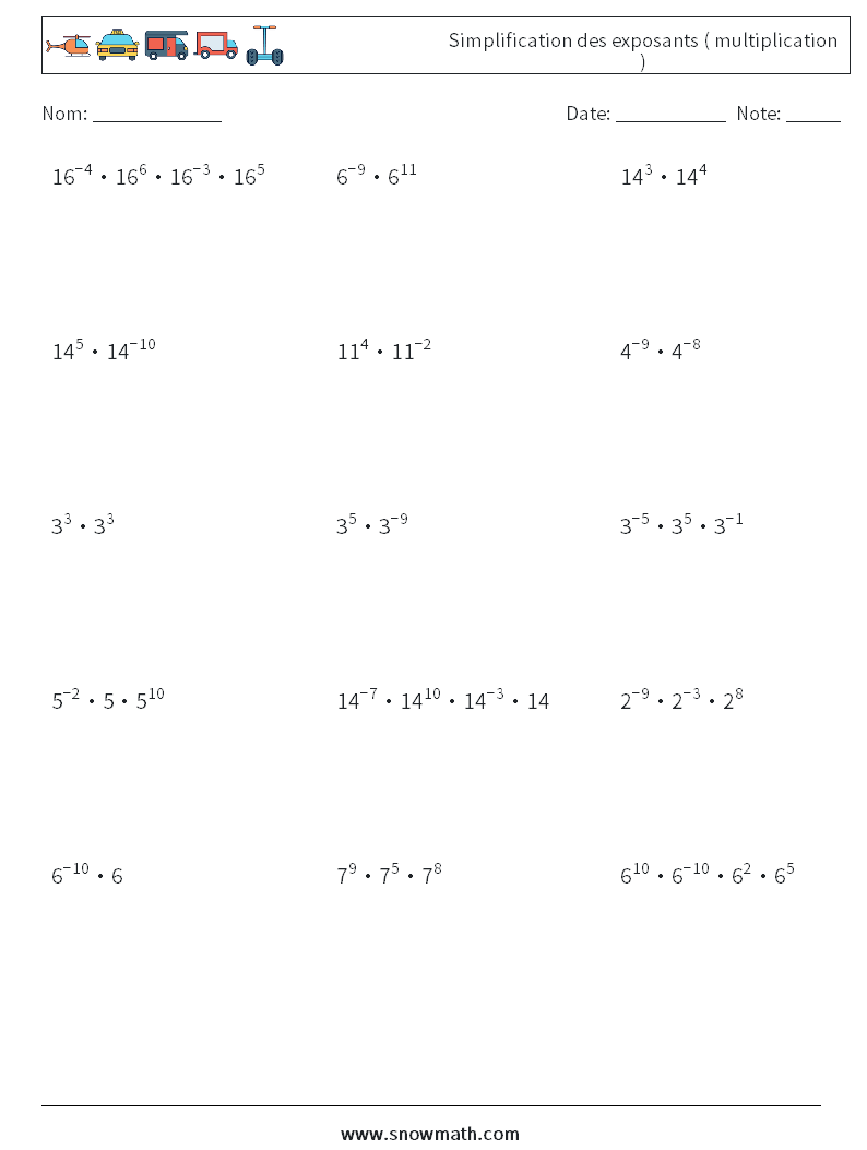 Simplification des exposants ( multiplication ) Fiches d'Exercices de Mathématiques 7