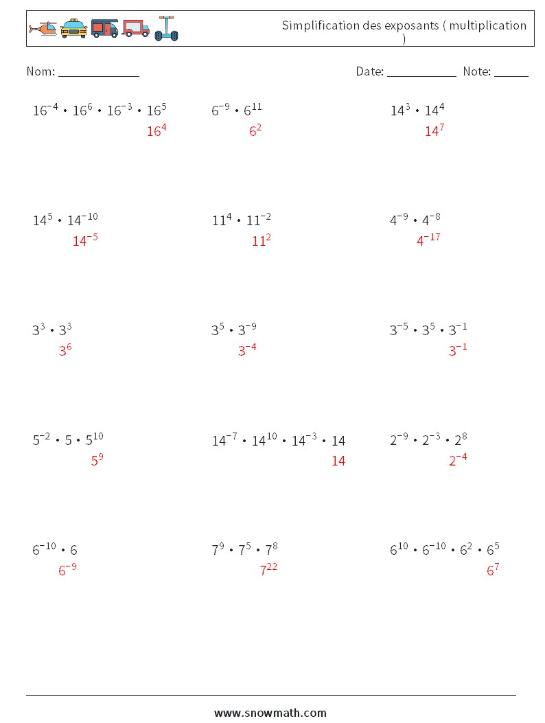 Simplification des exposants ( multiplication ) Fiches d'Exercices de Mathématiques 7 Question, Réponse