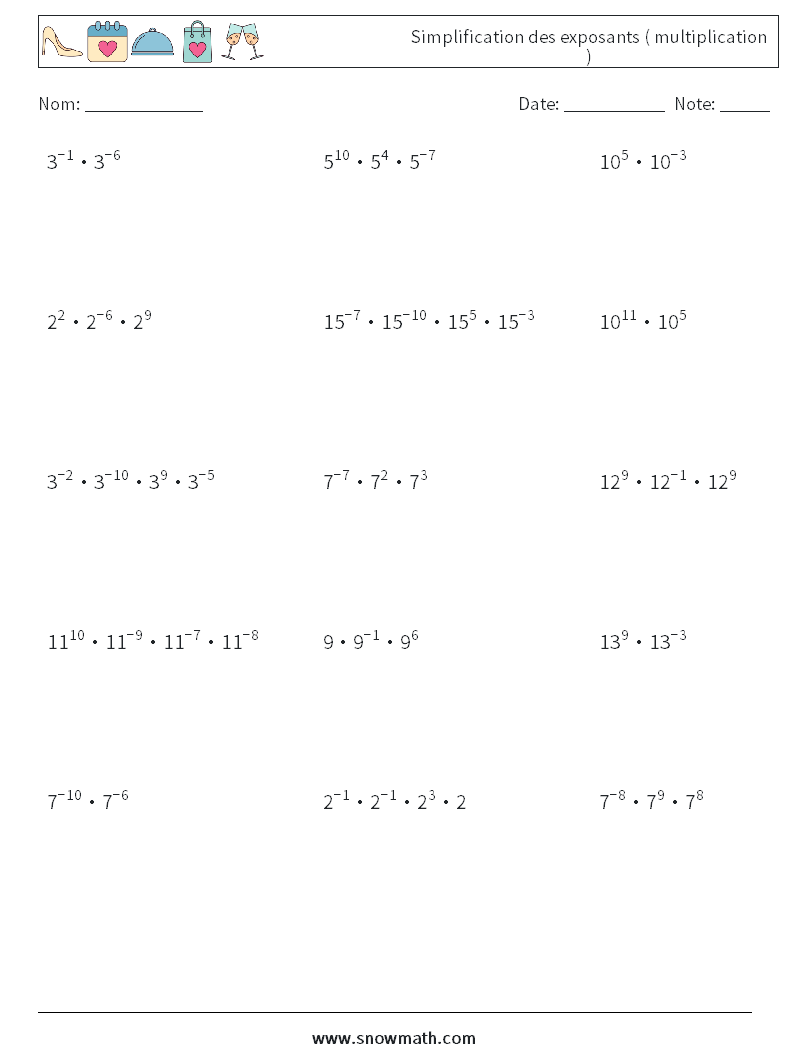Simplification des exposants ( multiplication ) Fiches d'Exercices de Mathématiques 8