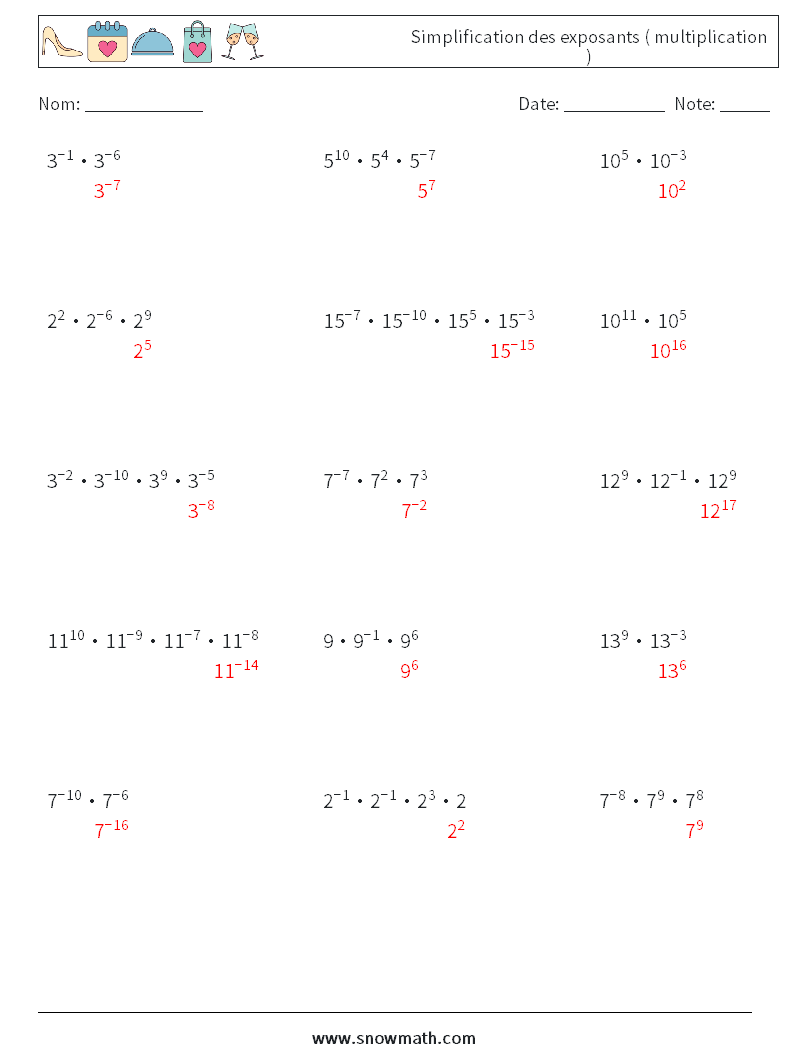 Simplification des exposants ( multiplication ) Fiches d'Exercices de Mathématiques 8 Question, Réponse