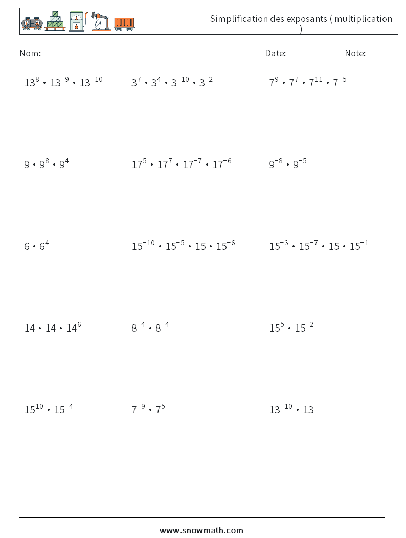 Simplification des exposants ( multiplication ) Fiches d'Exercices de Mathématiques 9