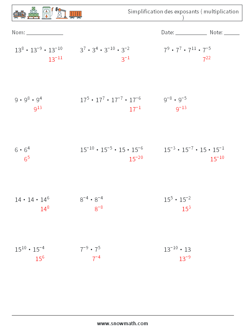 Simplification des exposants ( multiplication ) Fiches d'Exercices de Mathématiques 9 Question, Réponse