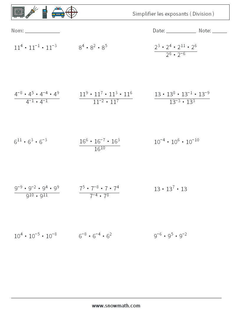 Simplifier les exposants ( Division ) Fiches d'Exercices de Mathématiques 1