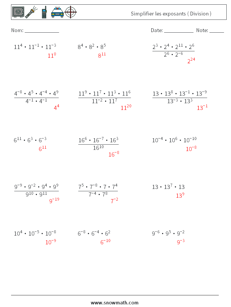 Simplifier les exposants ( Division ) Fiches d'Exercices de Mathématiques 1 Question, Réponse