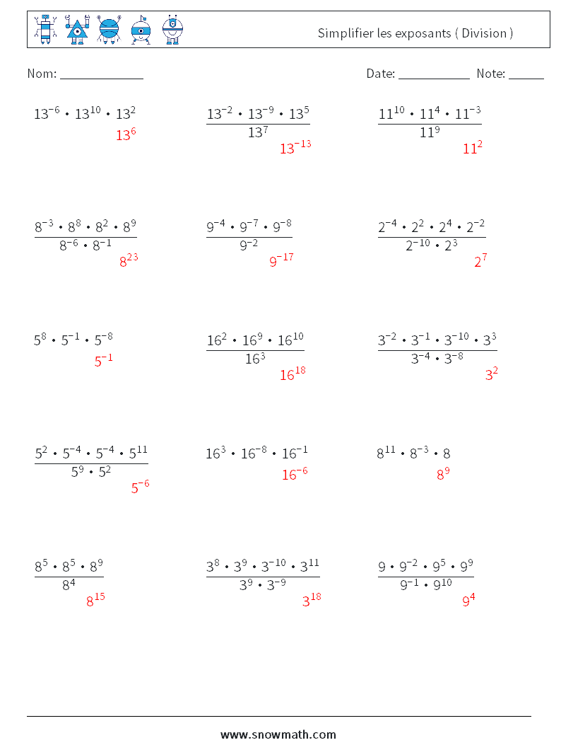 Simplifier les exposants ( Division ) Fiches d'Exercices de Mathématiques 4 Question, Réponse