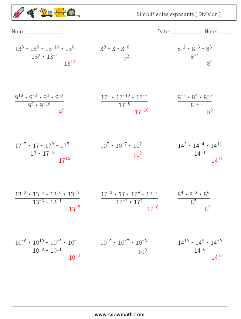 Simplifier les exposants ( Division ) Fiches d'Exercices de Mathématiques 5 Question, Réponse
