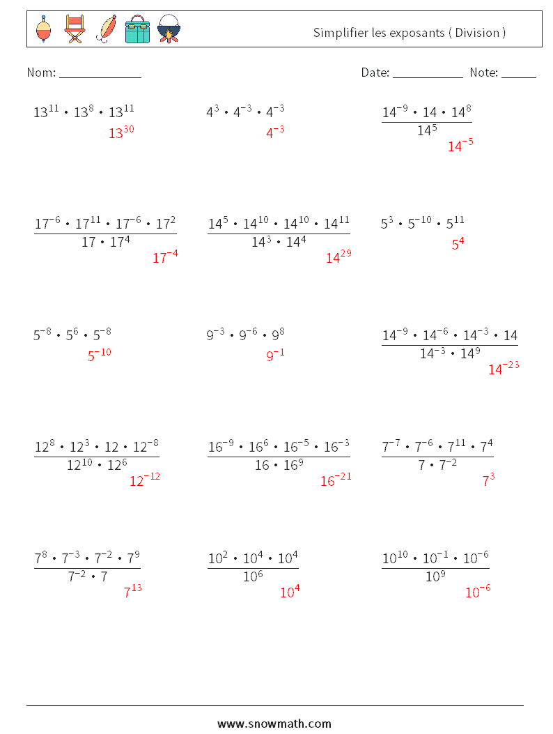 Simplifier les exposants ( Division ) Fiches d'Exercices de Mathématiques 7 Question, Réponse