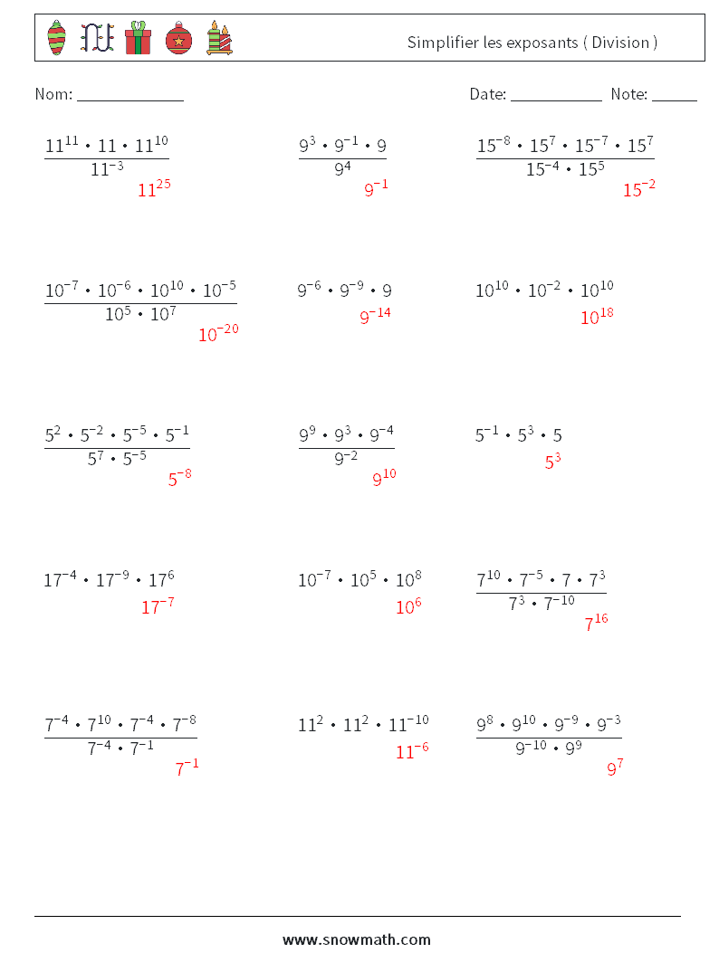 Simplifier les exposants ( Division ) Fiches d'Exercices de Mathématiques 8 Question, Réponse