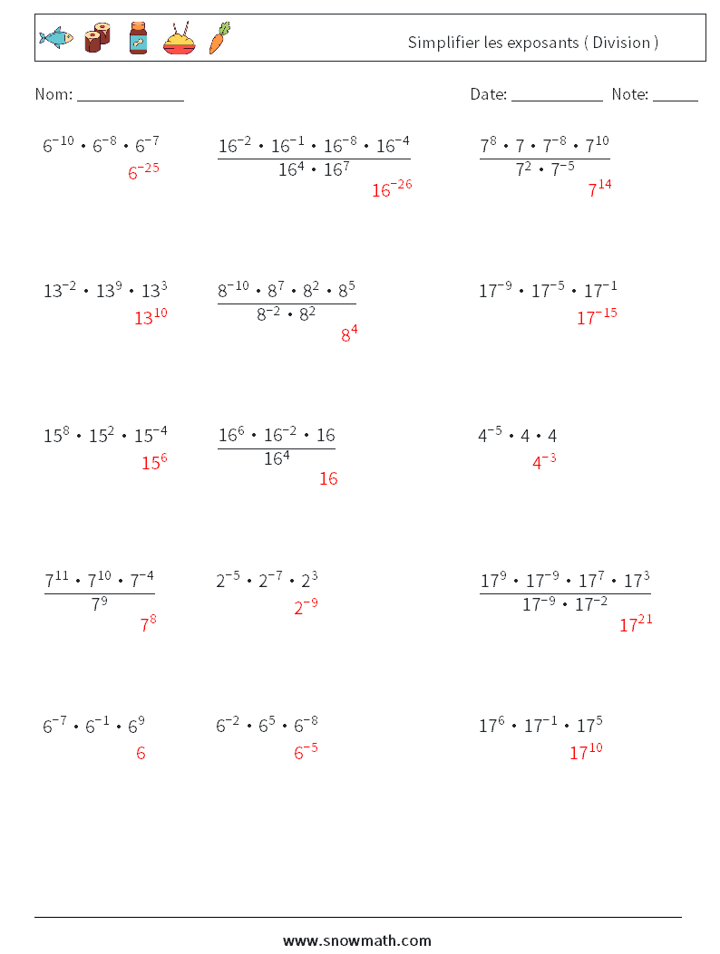 Simplifier les exposants ( Division ) Fiches d'Exercices de Mathématiques 9 Question, Réponse