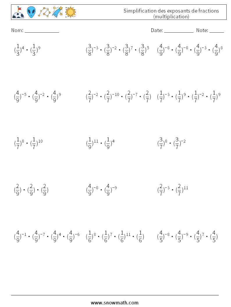 Simplification des exposants de fractions (multiplication) Fiches d'Exercices de Mathématiques 1