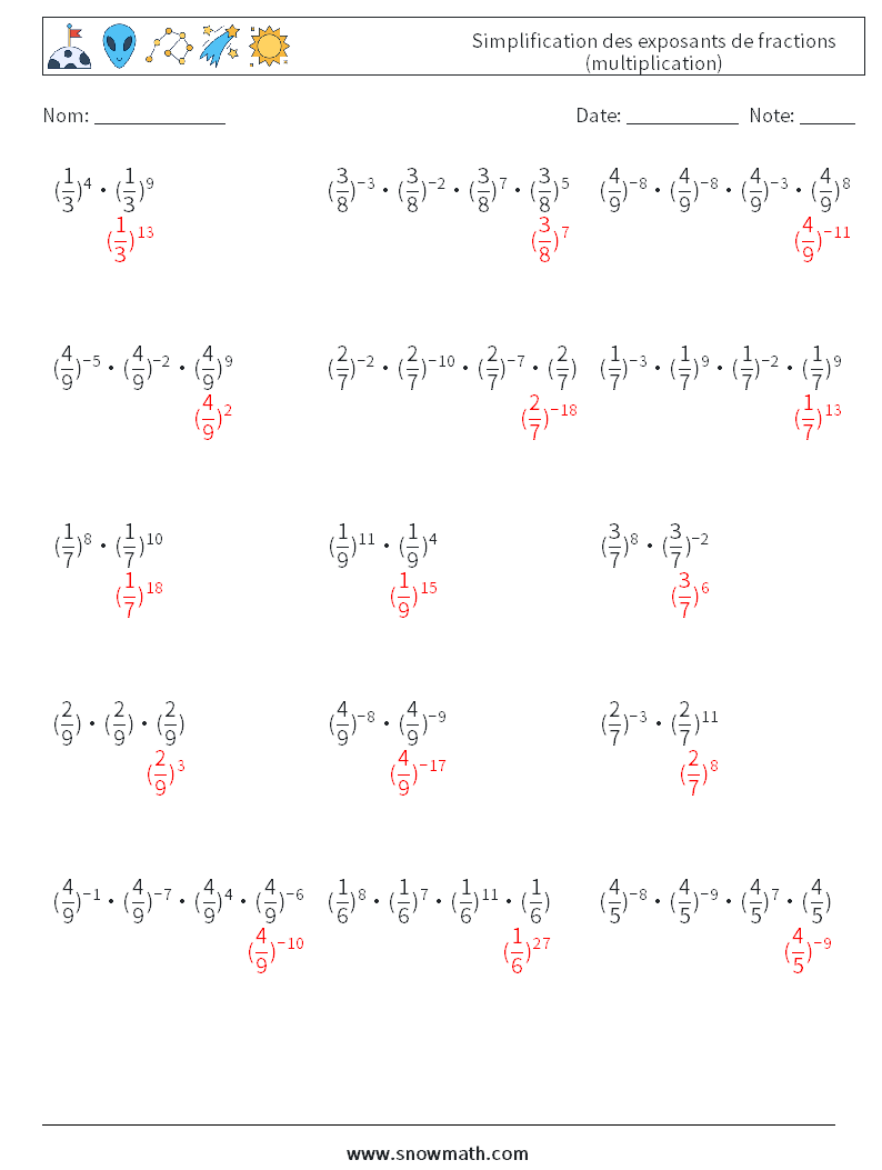 Simplification des exposants de fractions (multiplication) Fiches d'Exercices de Mathématiques 1 Question, Réponse