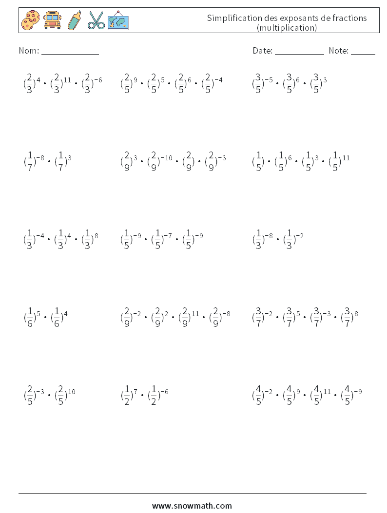 Simplification des exposants de fractions (multiplication) Fiches d'Exercices de Mathématiques 2