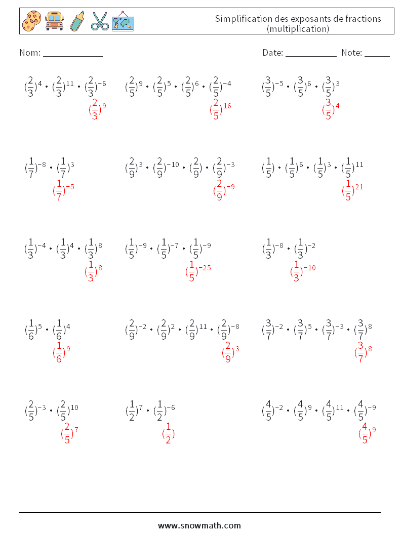 Simplification des exposants de fractions (multiplication) Fiches d'Exercices de Mathématiques 2 Question, Réponse