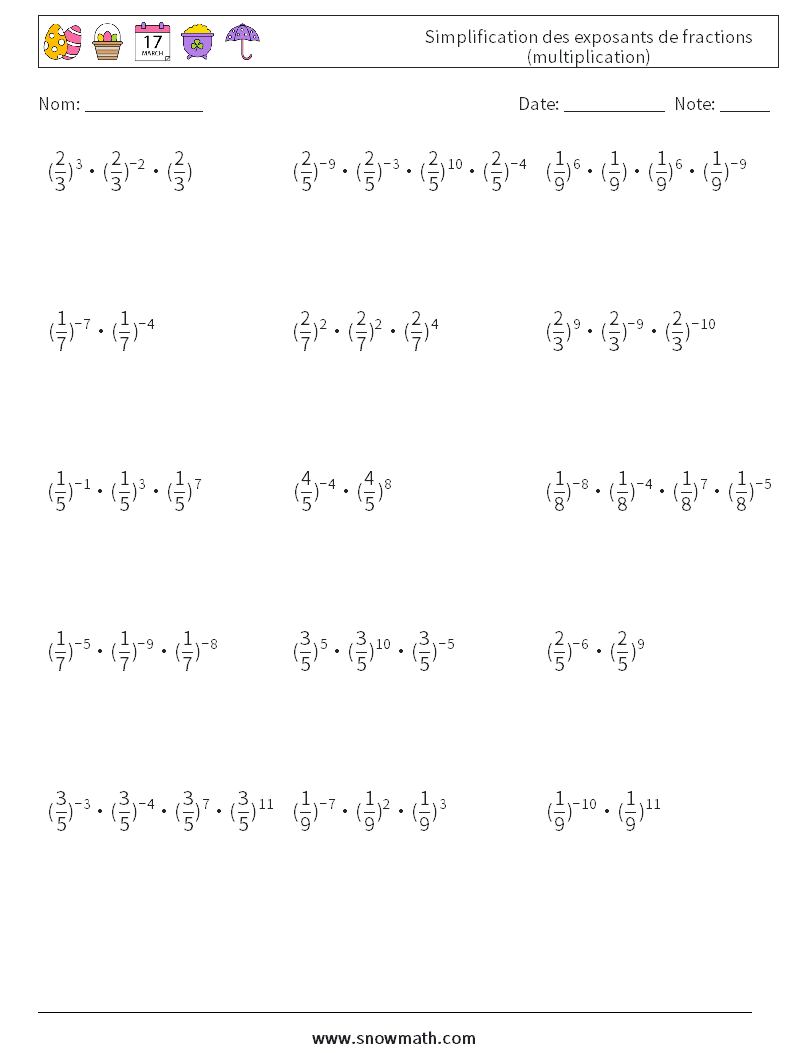 Simplification des exposants de fractions (multiplication) Fiches d'Exercices de Mathématiques 3