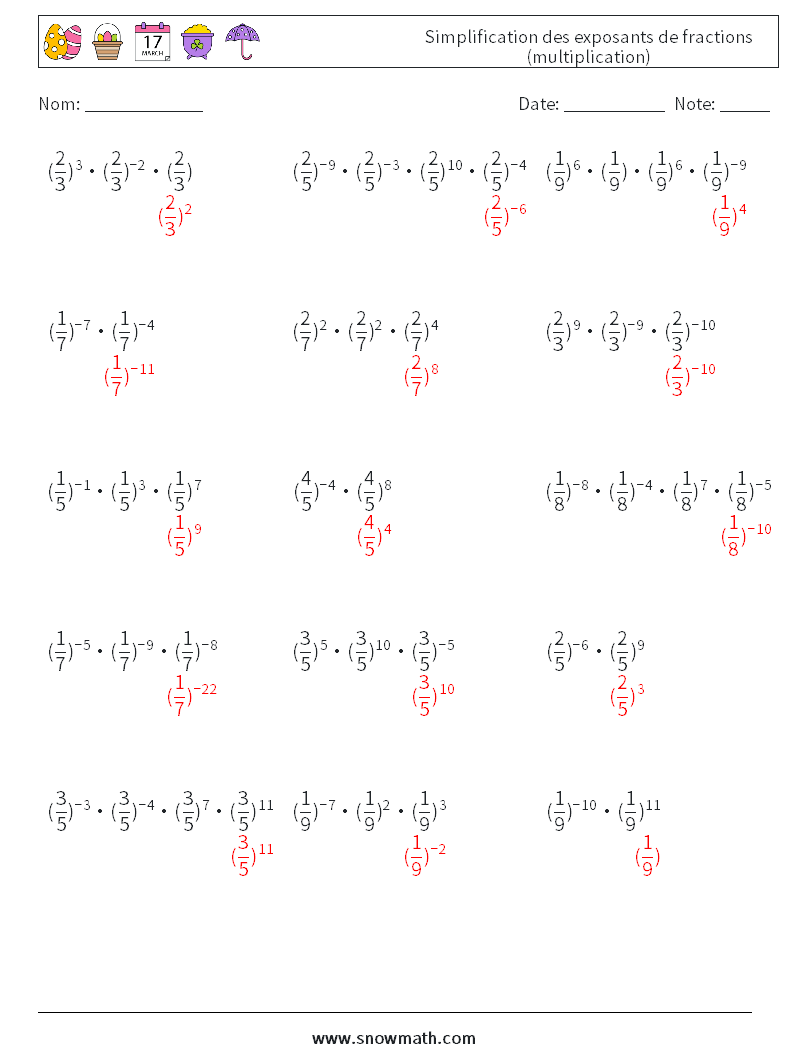 Simplification des exposants de fractions (multiplication) Fiches d'Exercices de Mathématiques 3 Question, Réponse