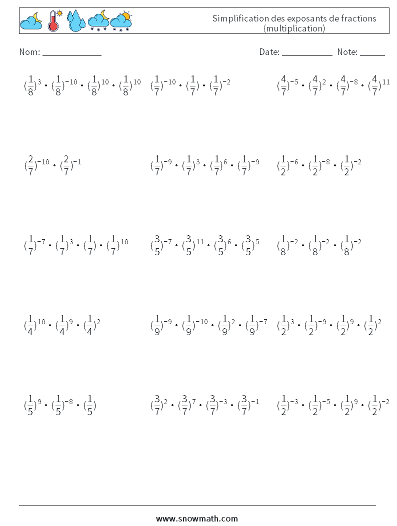 Simplification des exposants de fractions (multiplication) Fiches d'Exercices de Mathématiques 4