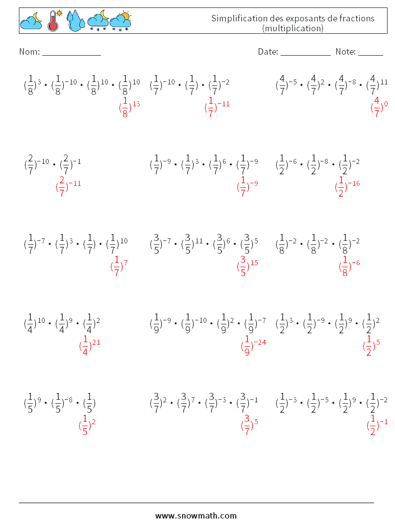 Simplification des exposants de fractions (multiplication) Fiches d'Exercices de Mathématiques 4 Question, Réponse