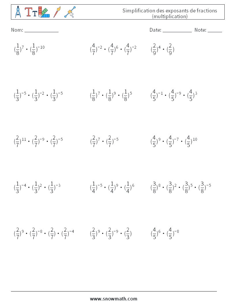 Simplification des exposants de fractions (multiplication) Fiches d'Exercices de Mathématiques 5