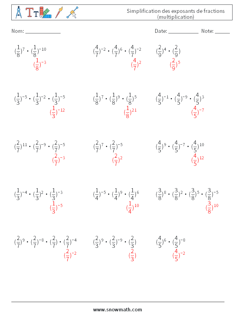 Simplification des exposants de fractions (multiplication) Fiches d'Exercices de Mathématiques 5 Question, Réponse