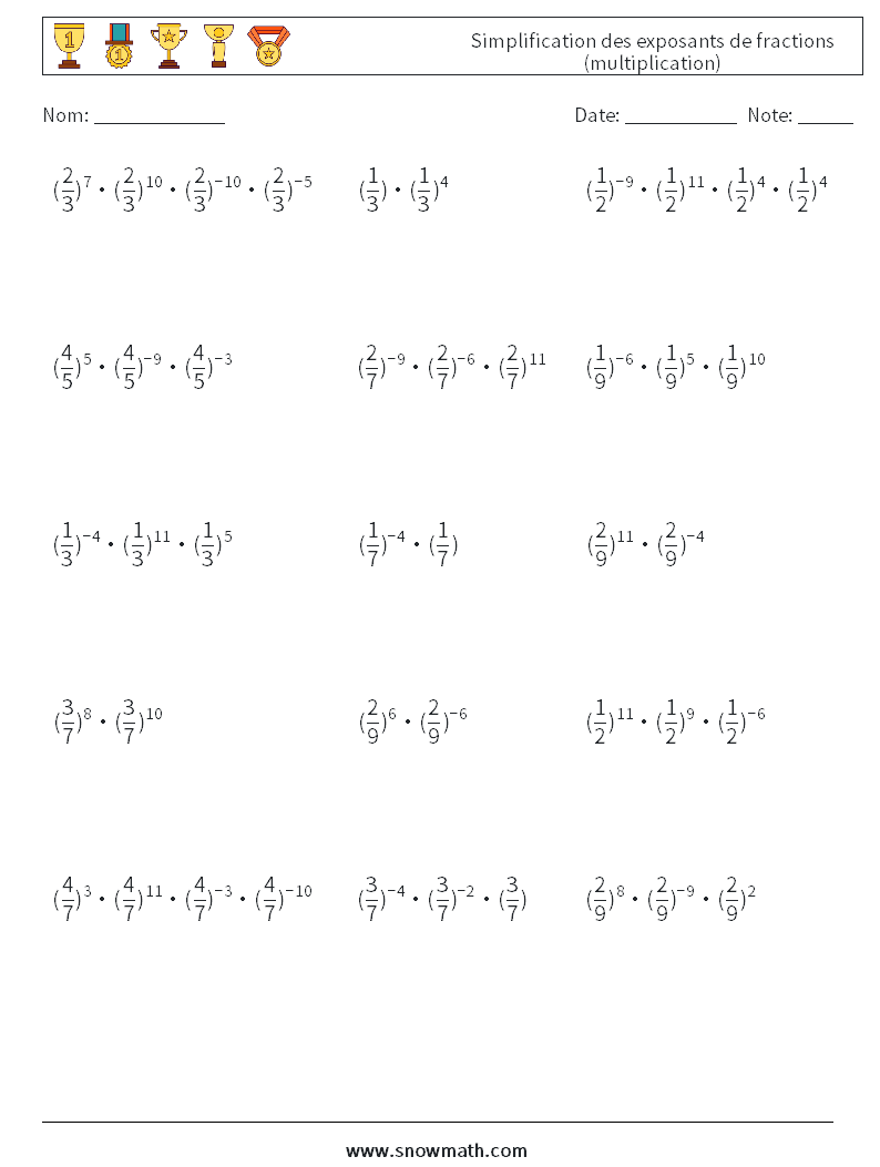 Simplification des exposants de fractions (multiplication) Fiches d'Exercices de Mathématiques 6